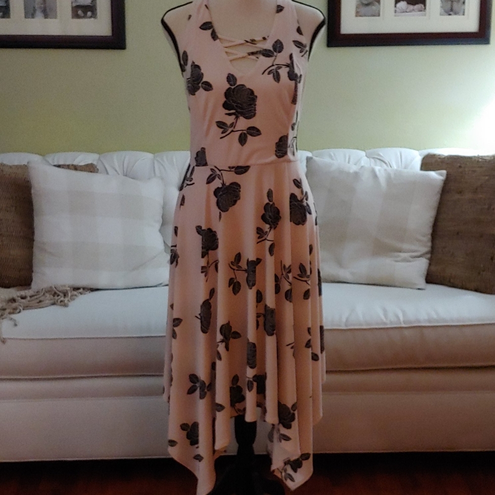 Candie's pink w/ black roses halter dress
